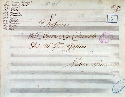 Titulní strana partitury houslí pro symfonii v Popelce nebo Vítězná dobrota od Gioachina Rossiniho od Gioachino Rossini