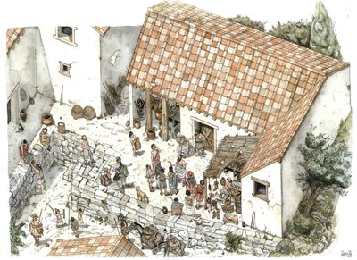 Starověké Řecko: rekonstrukce obchodu ševce (spořiče) v Athénách v 5. století př. n. l.: filozof Sokrates je zde zobrazen v diskusi se svými spoluobčany. Řecko Ilustrace: Giorgio Albertini. (Použití tohoto autorova wo od Giorgio Albertini