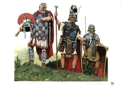 Starověký Řím: centurio, optio (posel mezi centuriony a dekurenty) a legionář. 2. století od Giorgio Albertini