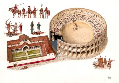 Starověký Řím: rekonstrukce amfiteátru ve městě Amiternum u Aquily v Abruzzu v Itálii. 1. - 2. století n. l. Vlevo nahoře různé gladiátorské úbory a výjevy z bojů, které se odehrávaly v aréně. Ilustrace: Gior od Giorgio Albertini