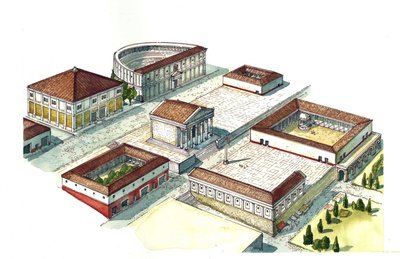 Starověký Řím: rekonstrukce centra města Neapol s amfiteátrem, chrámem. Itálie od Giorgio Albertini