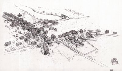 Starověký Řím: rekonstrukce vesnice v římské Bretani (Britannia nebo ostrovní Bretaň) ve 2. století. Ilustrace: Giorgio Albertini. (Užití díla tohoto autora není podmíněno žádostí o autorizaci třetí osoby nebo th od Giorgio Albertini