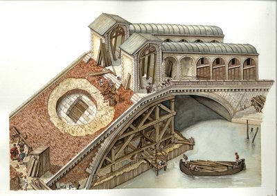 Architektura: staveniště mostu Rialto v letech 1588-1591 v Benátkách, Itálie. Ilustrace: Giorgio Albertini (Užití díla tohoto autora nepodléhá autorizaci třetí stranou ani placení dalších autorských poplatků. od Giorgio Albertini