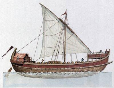 Byzantská říše: rekonstrukce dromonu, válečné lodi, 9.-11. století. od Giorgio Albertini