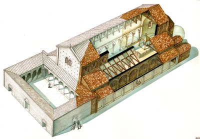 Byzantské umění: rekonstrukce baziliky Cabianca, založené za císaře Justiniána I. (482-565) v Ravenně (Ravenna). Itálie od Giorgio Albertini