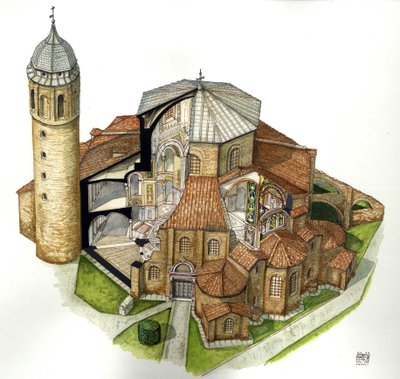 Byzantské umění: vyobrazení baziliky svatého Vitala (Saint Vital nebo San Vitale) v Ravenně (Ravenna) v 5. století. Pohled z výšky s výřezy, které umožňují nahlédnout do interiéru. Itálie Ilustrace: Giorgio Albertini. (Použití děl tohoto autora není předmě od Giorgio Albertini