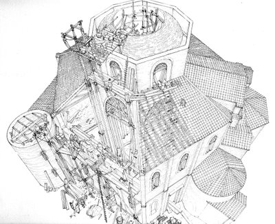 Byzantské umění: vyobrazení staveniště baziliky svatého Vitala (Saint Vital nebo San Vitale) v Ravenně v 5. století. Aeriánský pohled zobrazující dělníky na lešení pracující na rámu kopule. Itálie Ilustrace: Giorgi od Giorgio Albertini
