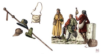 Středověká móda: pelerínský kostým mezi 12. a 14. stoletím, brašny, klobouky, hůl, tuniky. od Giorgio Albertini