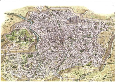 Středověk: detailní letecký pohled na město Samarkand (Samarkand), jsou vidět hradby, v Uzbekistánu v době mongolské dynastie Čajbanidů. 1450 v okolí Střední Asie. Ilustrace: Giorgio Albertini. (Použití díla tohoto autora je od Giorgio Albertini