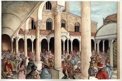 Středověk: fideles, peleríny, obchodníci a Římané vyobrazení ve 13. století v peristilu (vchodu) starobylé baziliky svatého Petra Římského (bazilika sv. Petra nebo bazilika San Pietro či Konstantinova bazilika) z doby Římské říše, Řím. od Giorgio Albertini