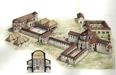 Středověk: přehled a průřez rekonstrukcí paláce Karla Velikého (asi 742-814), který kolem roku 794 realizoval architekt Eudes de Metz v Cáchách (Aachen) v Německu. Ilustrace: Giorgio Albertini. (Použití díla tohoto autora není předmětem od Giorgio Albertini