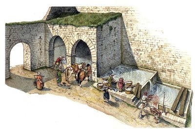 Středověk: rekonstrukce pramenité fontány ve střední Itálii v 15. století. Slouží jako umývárna, napáječka a vodárna pro obyvatele města. od Giorgio Albertini