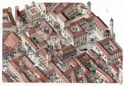 Středověk: obnovení historické čtvrti Barri Gotic (barrio gotico) v Barceloně ve 14. století. Je zde vidět katedrála svaté Eulálie (Cathedrale Sainte-Eulalie). Španělsko Ilustrace: Giorgio Albertini. (Použití děl tohoto autora není pod od Giorgio Albertini