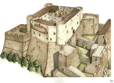 Středověk: rekonstrukce hradu Santa Severina z 11. století v Catanzaru. Kalábrie Itálie Ilustrace: Giorgio Albertini. (Užití díla tohoto autora nepodléhá žádosti o autorizaci třetí osoby ani žádosti o autorizaci třetí osoby. od Giorgio Albertini