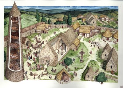 Středověk: rekonstrukce starého kláštera Glendalough založeného svatým Kevinem, poustevnickým knězem. Místo se v 9. století stalo místem náboženského vzdělávání. V příčném řezu je patrná okrouhlá věž, keltský kříž. Irsko 9. století Ilustrace od Giorgio Albertini