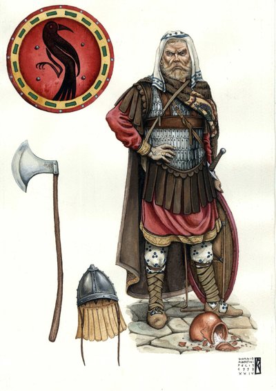Středověk: voják varjažské gardy (nebo varegské gardy), elitního sboru byzantské armády. od Giorgio Albertini