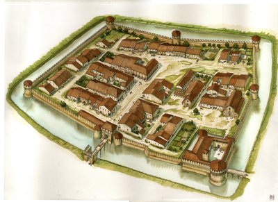 Středověk: pohled na opevněné město Bagnara di Romagna na konci 15. století. Itálie od Giorgio Albertini