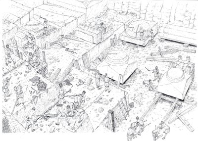 Středověk: pohled na dělníky pracující v mramorových lomech v Carraře (Carrara) v 15. století. Itálie Ilustrace Giorgio Albertini. (Užití díla tohoto autora nepodléhá žádosti o autorizaci třetí strany o od Giorgio Albertini