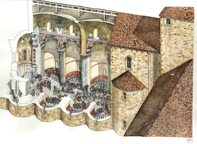 Rekonstrukce baziliky svatého Jana Lateránského (Saint John Laterano nebo San Giovanni in Laterano) v 8. století: architektonický pohár umožňuje vidět triklinium a slavnostní inauguraci papeže. Řím od Giorgio Albertini