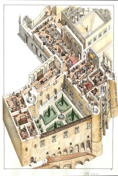 Rekonstrukce šlechtické podlahy vévodského paláce v Urbinu, Itálie. Nechal jej postavit vévoda Federico da Montefeltro (Frederic de Montefeltre, vévoda z Urbina) v 15. století. od Giorgio Albertini