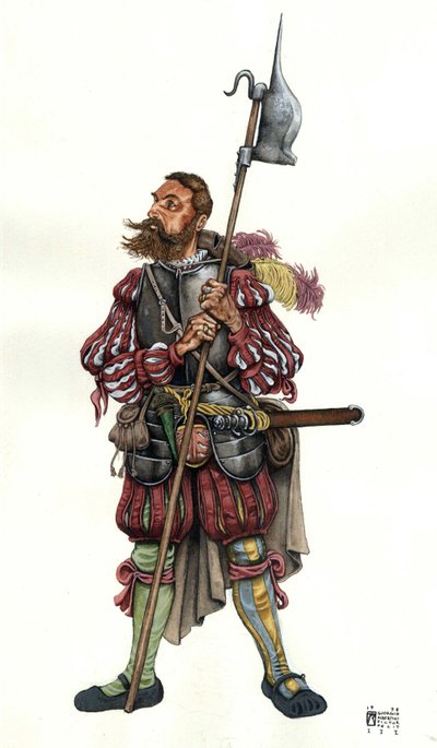 Vyobrazení německého žoldnéře Lansqueneta (Lanzknechta) ve službách jednoho z pánů. 16. století od Giorgio Albertini
