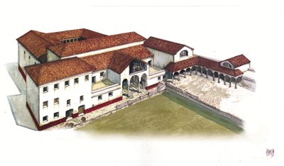 Roman Antiquite: rekonstrukce místa, kde se nacházel dóm námořní brány (domus di porta marina) v Ostia antica (starověká Ostia) ve 4. století, Itálie. od Giorgio Albertini