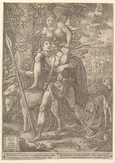 Alegorie lovu, lovec držící velké kopí nesoucí na svém shou ženu Dianu..., 1556. od Giorgio Ghisi