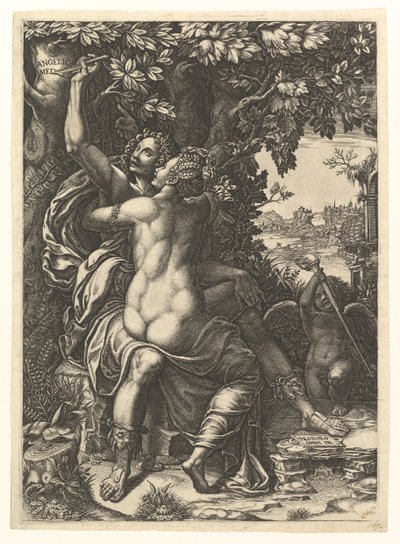 Angelica a Medoro, objímající se pár, Medoro vyřezával jejich jména do kůry..., ca. 1570. od Giorgio Ghisi