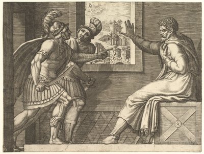 Caius Marius ve vězení, dva cimbrijští vojáci vstupující do jeho cely, 1560-69. od Giorgio Ghisi