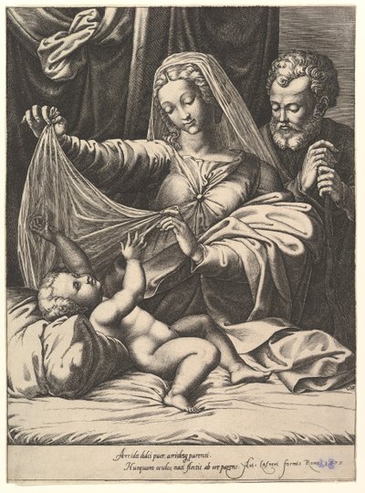 Madona z Loreta, Panna pozdvihuje závoj nad Dítětem, které leží na posteli a polštáři..., 1575. od Giorgio Ghisi