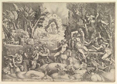 Smrt Prokrise, Cephalus truchlící nad smrtí Prokrise napravo obklopen..., ca. 1540. od Giorgio Ghisi