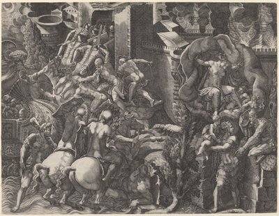 Pád Tróje a útěk Aenea od Giorgio Ghisi after Giovanni Battista Scultori