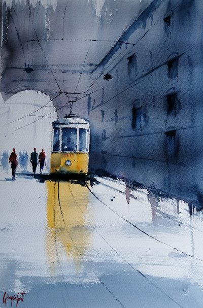 Žlutá tramvaj, déšť ve městě od Giorgio Gosti