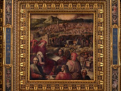 Arnolfo ukazuje plán na zvětšení Florencie od Giorgio Vasari