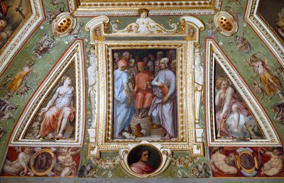 Detail pokoje Cosima de Medicis, který se představuje s umělci a intelektuály (freska od Giorgio Vasari