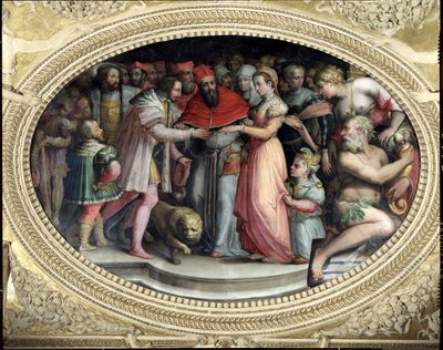 Papež Klement VII. sňatek s Kateřinou de Medici a Henrim II z Francie, 28. října 1533, ze „Sala di Clemente VII“ od Giorgio Vasari