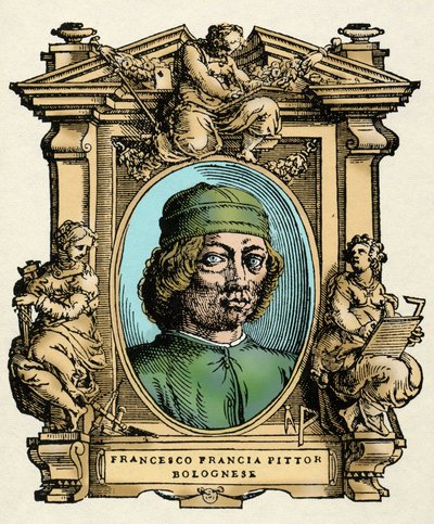 Portrét Francesca FRANCIA (1450-1517) italského malíře. Rytina traktátu „“Životy nejznamenitějších malířů, sochařů a architektů“ (Le Vite de