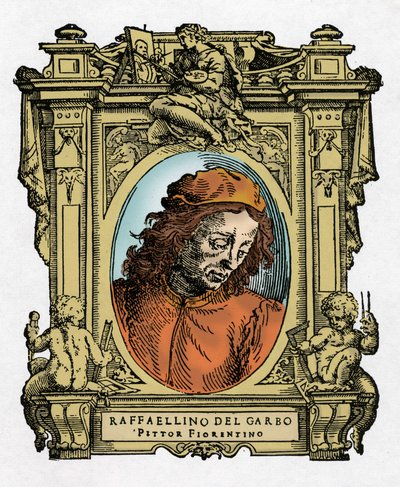 Portrét RAFFAELLINA DEL GARBO (Raffaellino de Carli) (1466-1525) italský malíř. Rytina lahůdky „"Životy nejznamenitějších malířů, sochařů a architektů" (Životy nejznamenitějších malířů, sochařů a architektů) od Giorgia Vasara od Giorgio Vasari
