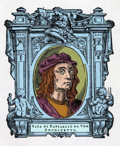 Portrét Raphaela (Raffaello Sanzio 1483 - 1520) italský architekt a malíř. Rytina lahůdky „Životy nejznamenitějších malířů, sochařů a architektů“ (Le Vite de
