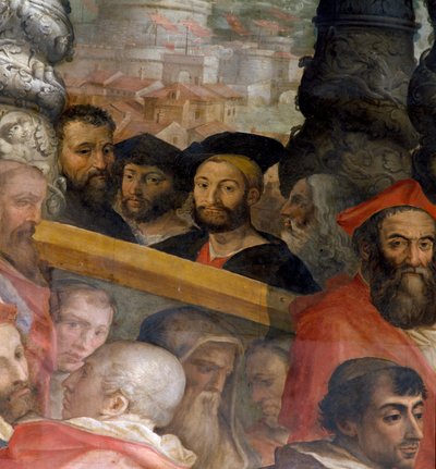 Portréty Michelangela, Lorenza de" Medici, vévody z Urbina, Giuliana dei Medici a Leonarda da Vinci, detail z "Papež Leo X volí četné kardinály", 1553-85 od Giorgio Vasari
