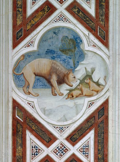 Malovaná dlaždice, symbol zmrtvýchvstání Ježíše Krista, Detail z fresek, od Giotta od Giotto (c.1266-1337)