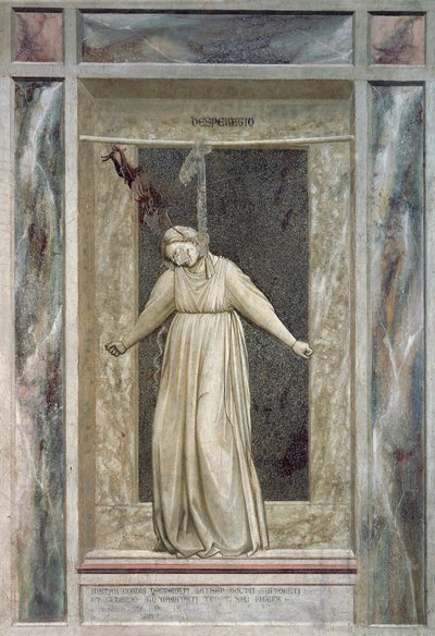 Zoufalství, ženská postava oběšení a ďábel, který ji chytí za vlasy, od Giotta (1267-1337), detail z cyklu fresek Neřesti a ctnosti od Giotto (c.1266-1337)