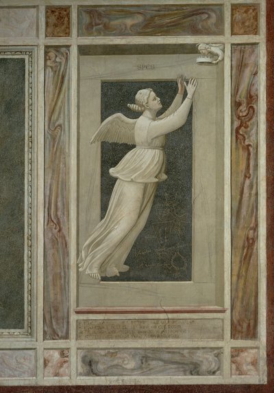 Naděje, okřídlená ženská postava letící k andělu, který ji povede do nebe, Giotto (1267-1337), detail z cyklu fresek Neřesti a ctnosti od Giotto (c.1266-1337)
