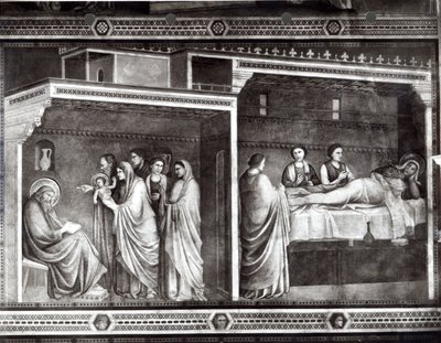 Narození sv. Jana Křtitele a jeho otec Zachariáš píšící jeho jméno od Giotto di Bondone