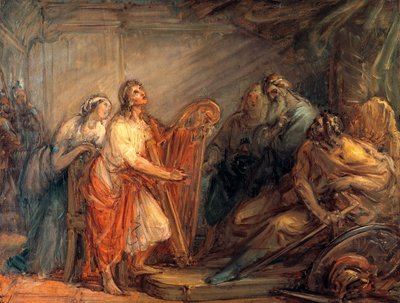 David uklidnil Saula zvukem harfy od Giovanni Carnovali