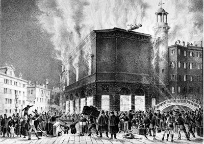 Požár divadla La Fenice v Benátkách, v roce 1836. Rytina Giovanni Pividor. Milán, Konzervatoř G. Verdiho. od Giovanni (after) Pividor