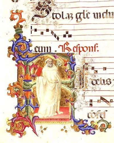 Ms 561 f.1r Historická iniciála „R“ zobrazující sv. Eligia, z graduálu z kláštera San Jacopo di Ripoli, počátek 14. století od Giovanni (follower of) Cimabue