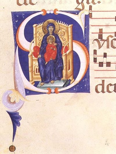 Ms 562 f.16r Historická iniciála „S“ zobrazující Madonu s dítětem na trůnu, z graduálu z kláštera San Jacopo di Ripoli, počátek 14. století od Giovanni (follower of) Cimabue