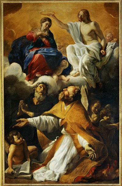 Korunovace Panny Marie se svatým Augustinem a svatým Guillaumem Akvitánským - Korunovace Panny Marie se svatým ... od Giovanni (school of) Lanfranco
