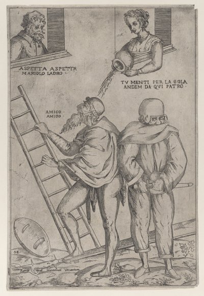 Muž leze po žebříku, zatímco žena na něj shora hází vodu, 1575-99. od Giovanni Ambrogio Brambilla